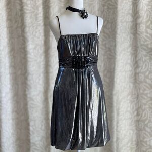 NWT Vintage Y2K Jessica McClintock Metallic Silver Spaghetti Strap‎ Mini Dress 6